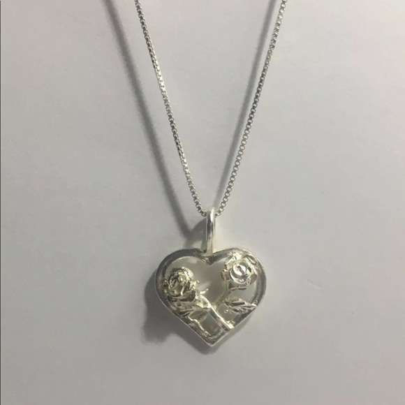 Sterling Silver Two Roses Crossed on a Heart - Picture 2 of 2